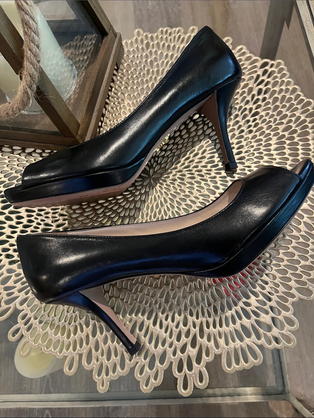Prada Black Leather Peep-Toe Pumps with Neutral Insole - Picture 3 of 10